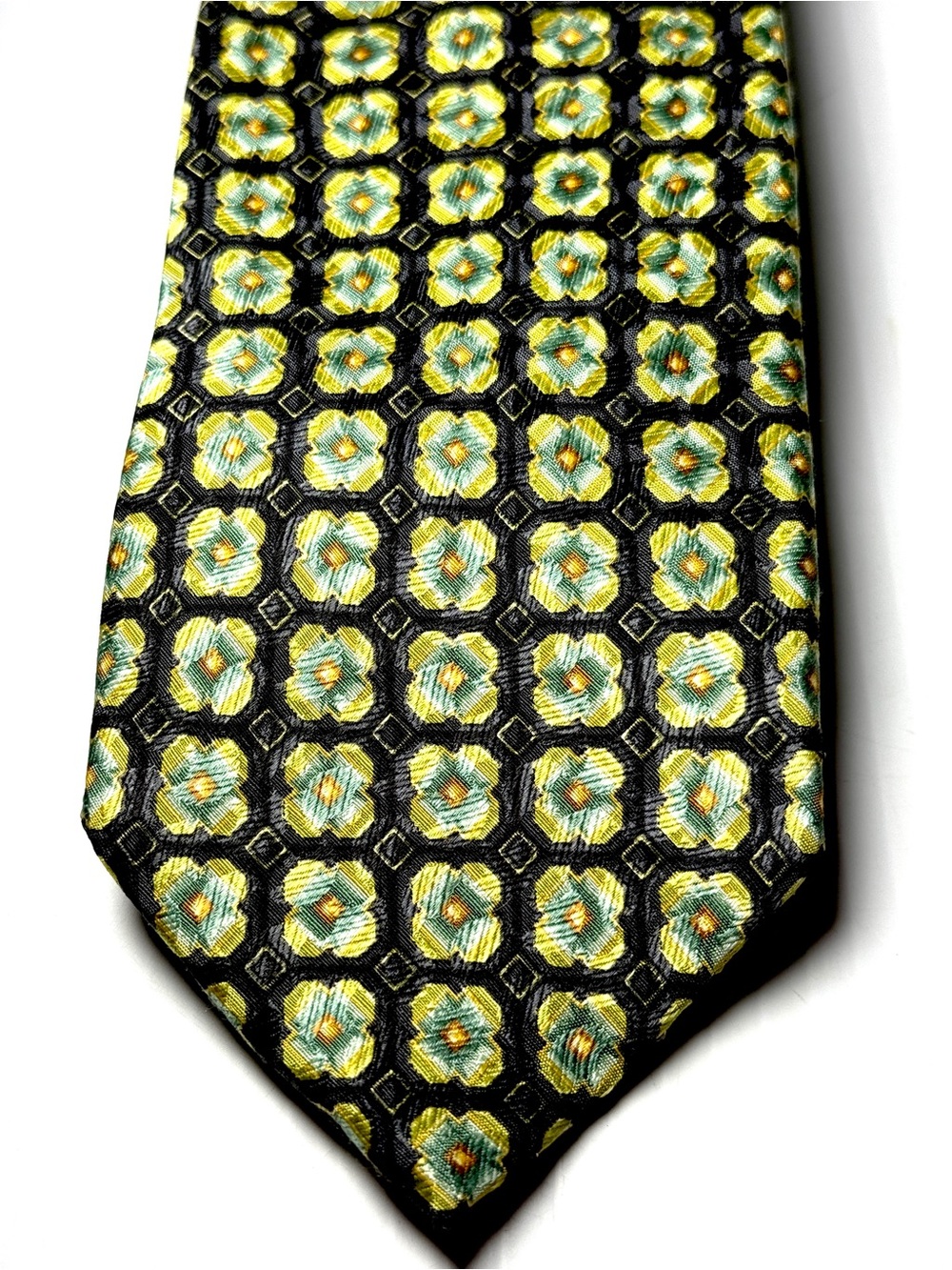 Ermenegildo Zegna Black Silk Tie with Yellow and Green Floral Medallions